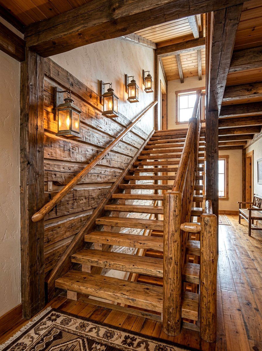Rustic Cabin Wood Staircase Lantern - 30 stair lighting ideas