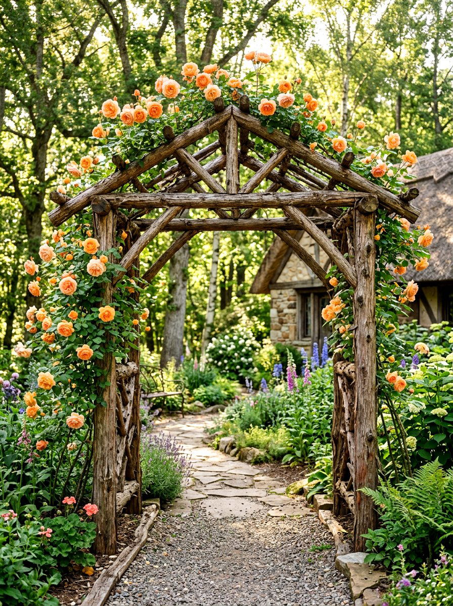 Rustic Cedar Branch Arbor - 30 cottage rose arbor ideas