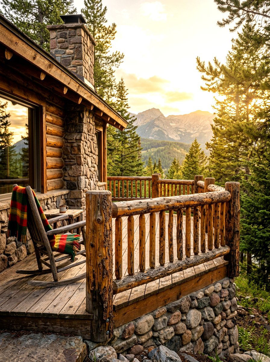 Rustic Cedar Log Railing - 30 front porch railing ideas