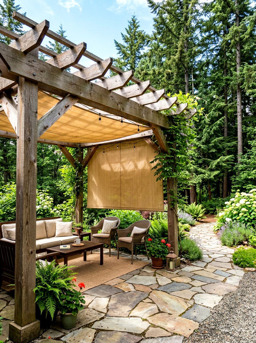 Rustic Cedar Pergola With Canvas - 30 retractable pergola shade ideas