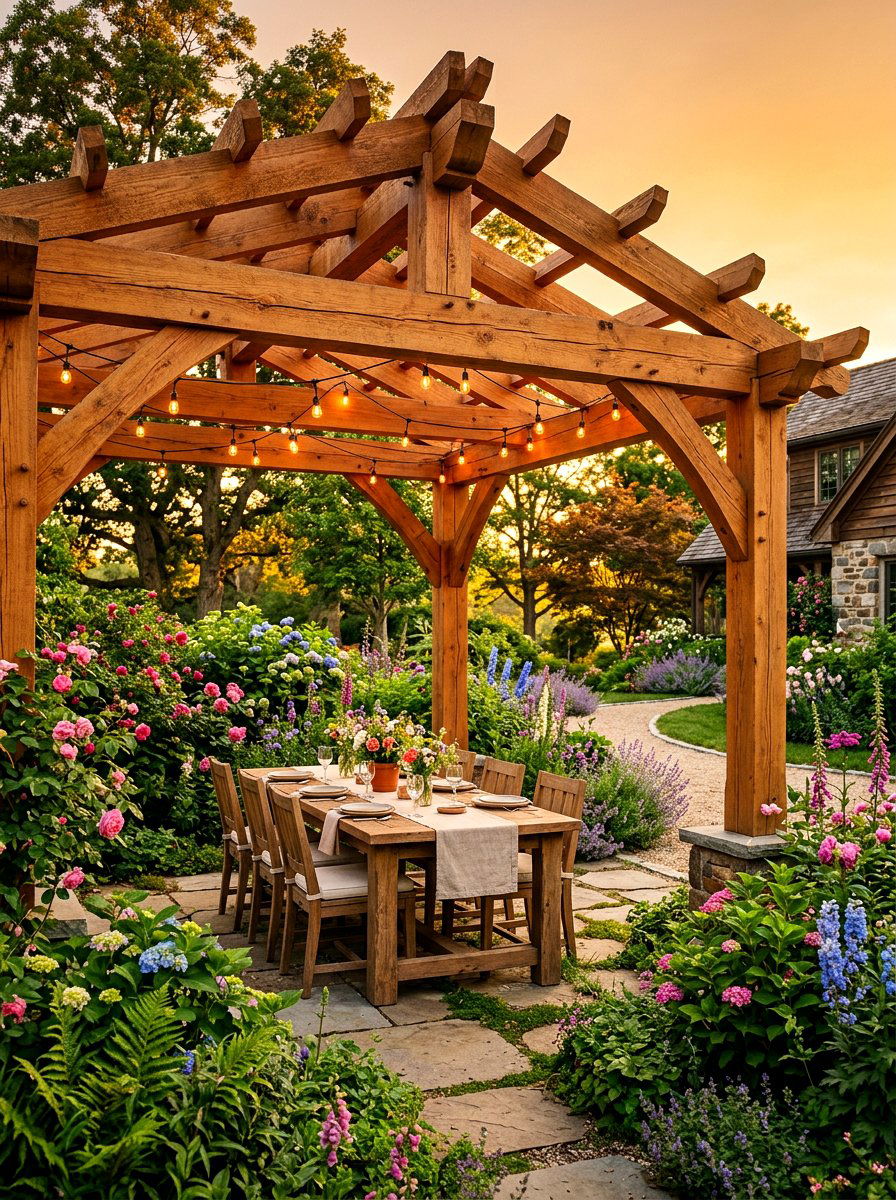 Rustic Cedar Wood Pergola - 30 backyard dining pergola ideas