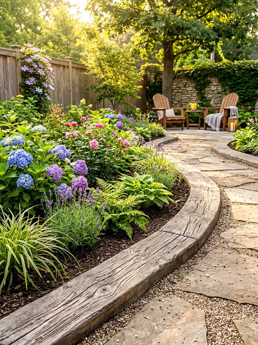 Rustic Concrete Timber - 30 concrete garden border ideas