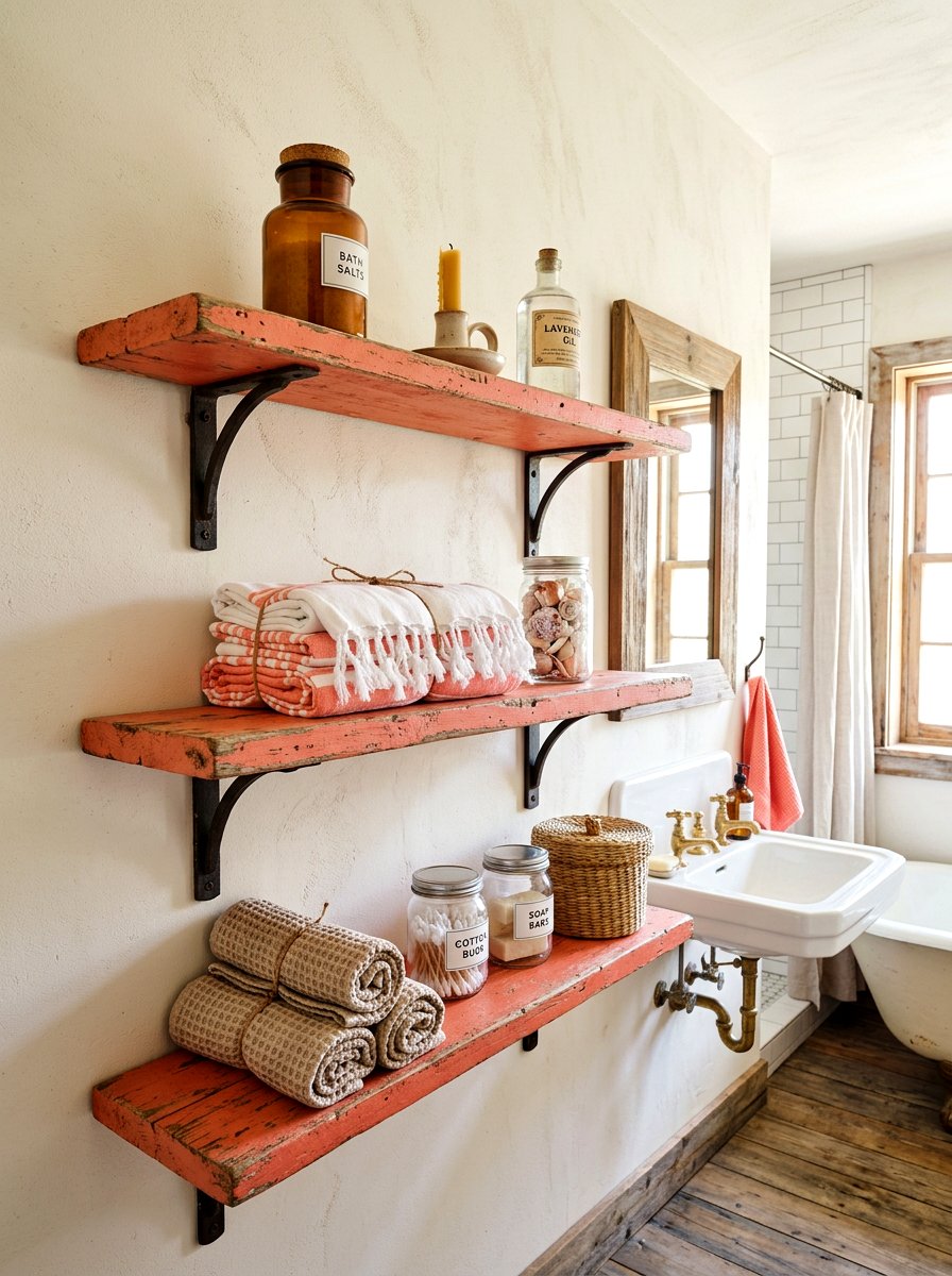 Rustic Coral Bathroom Shelving - 30 coral bathroom decor ideas