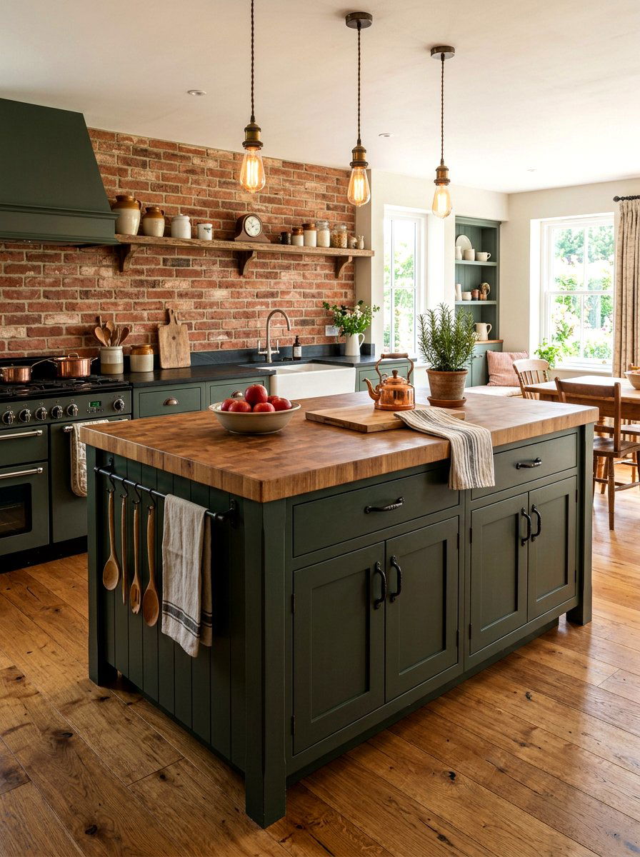 Rustic Dark Green Island Butcher Block - 30 dark green kitchen island ideas