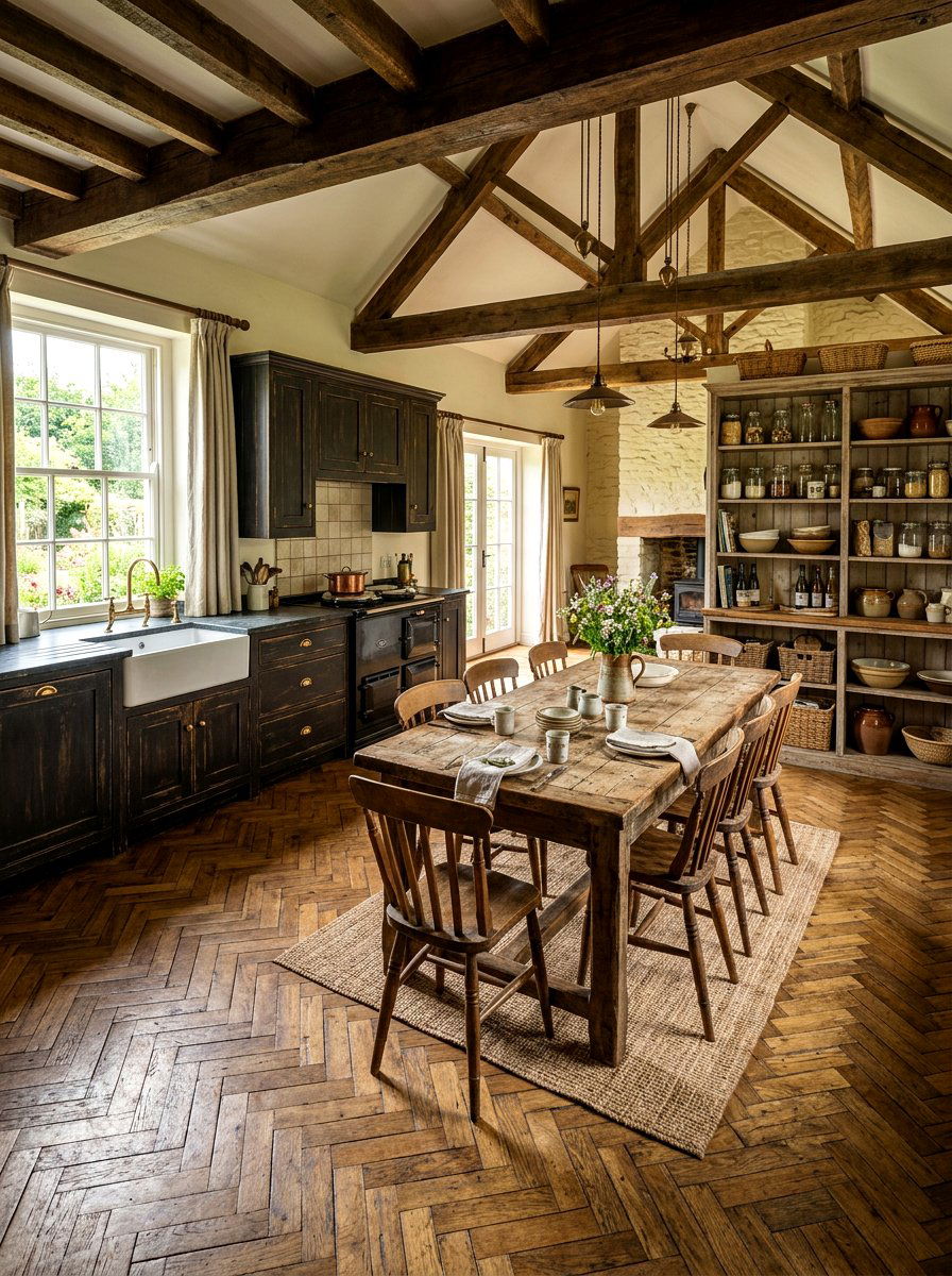 Rustic Distressed Parquet Kitchen - 30 parquet kitchen floor ideas