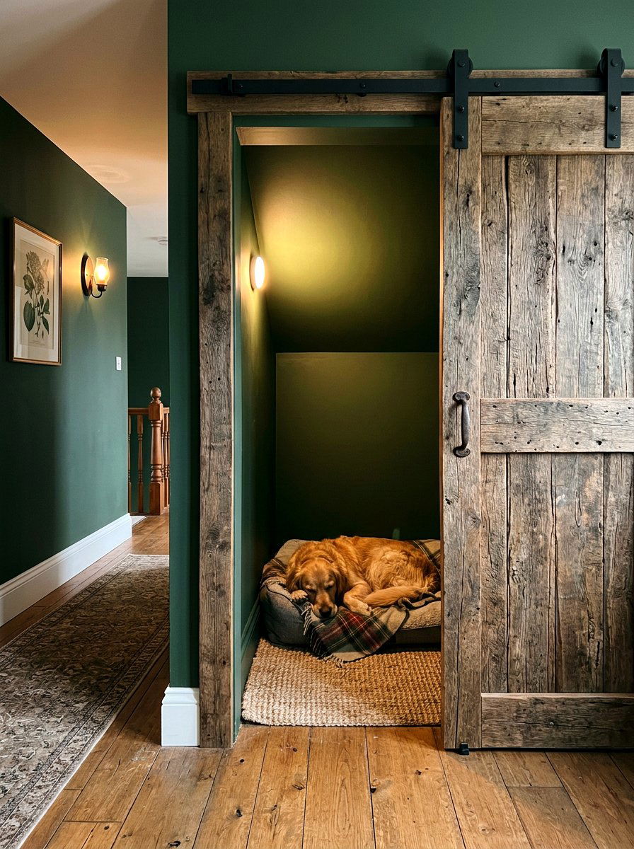 Rustic Dog Den With Barn Doors - 30 dog lounge room ideas