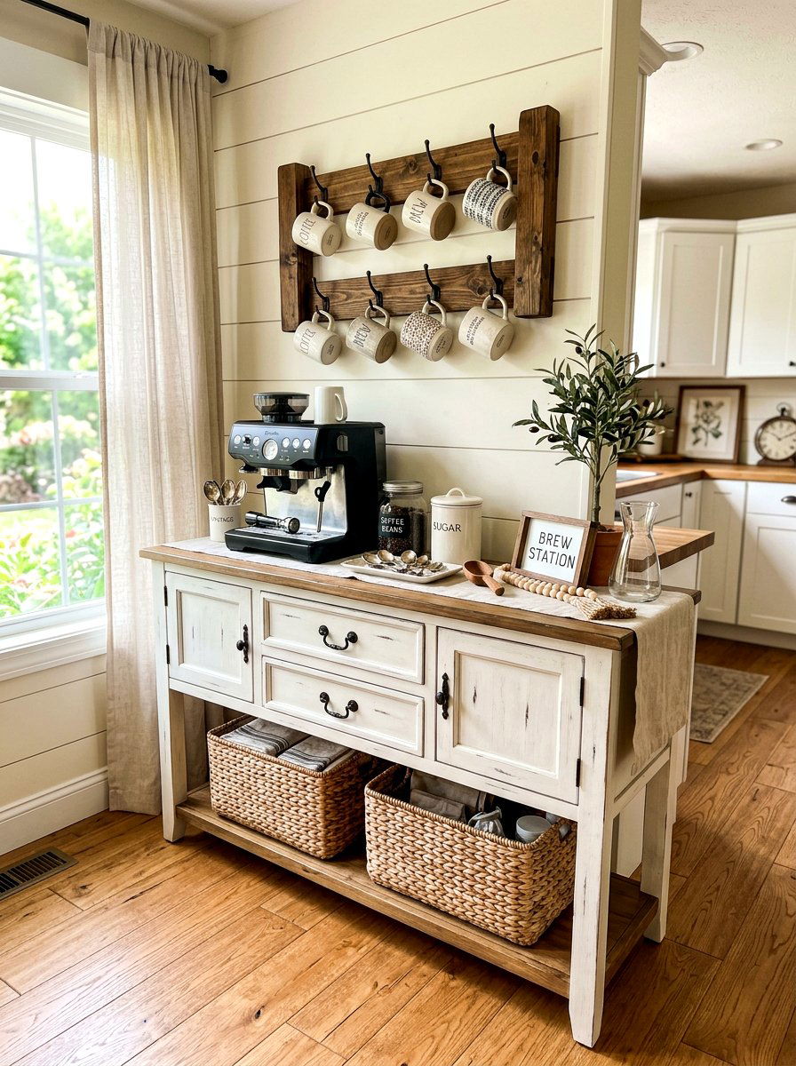 Rustic Farmhouse Coffee Bar - 30 aesthetic home cafe setup ideas