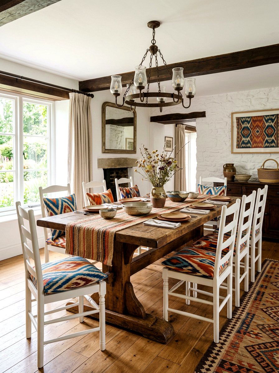 Rustic Farmhouse Global Textiles - 30 eclectic dining room ideas