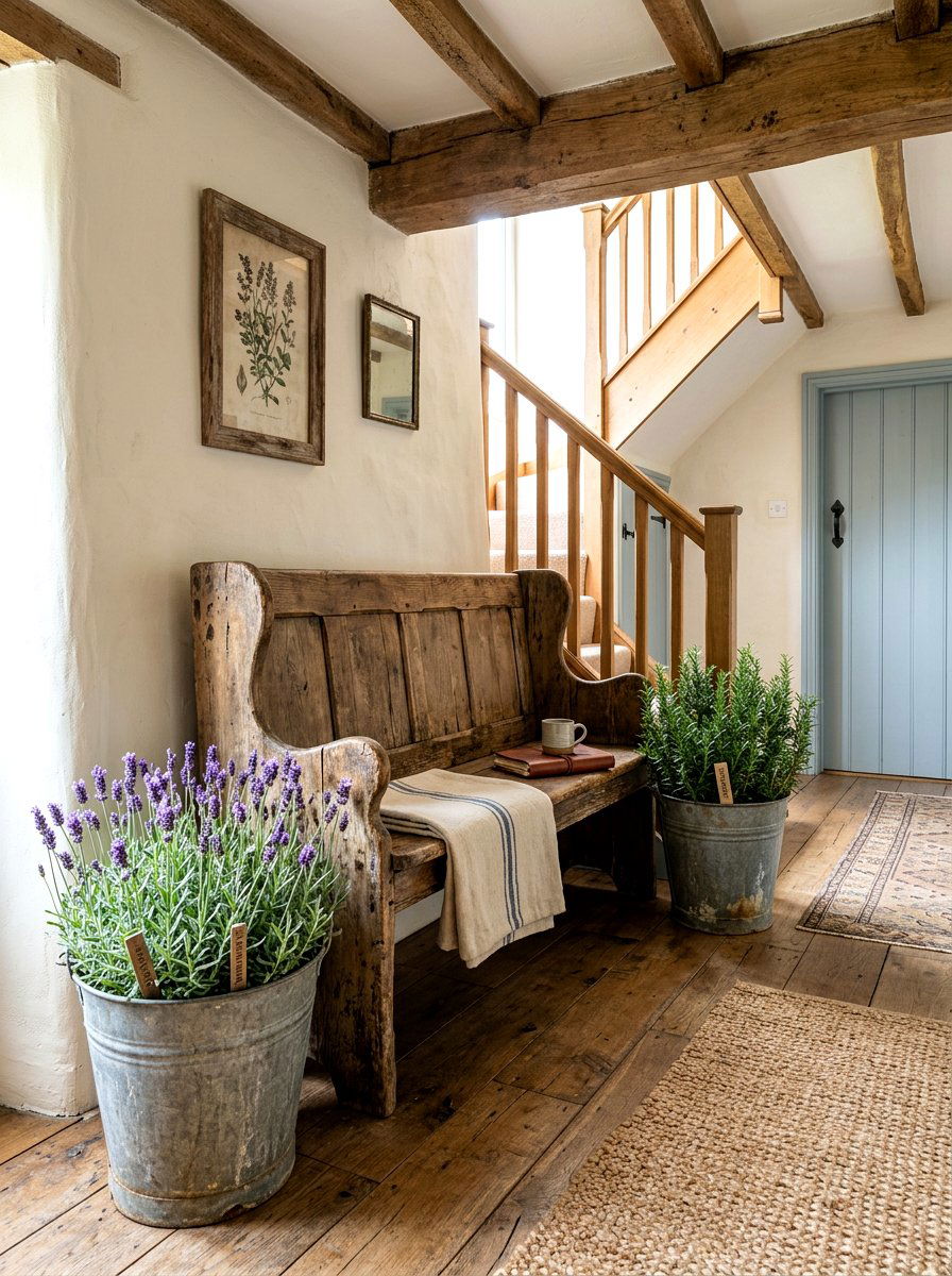 Rustic Farmhouse Landing Bench - 30 stair landing plant nook ideas