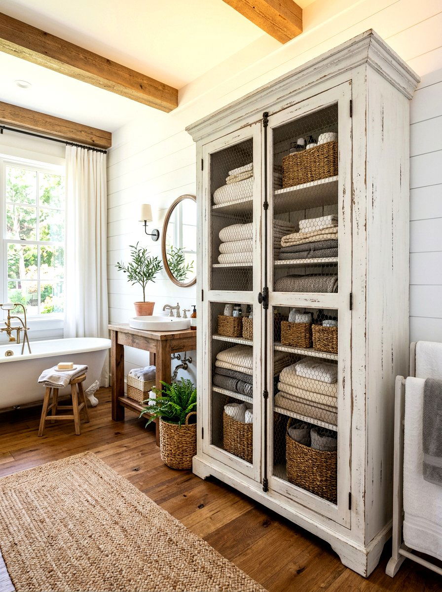 Rustic Farmhouse Linen Cabinet - 30 bathroom linen shelf ideas