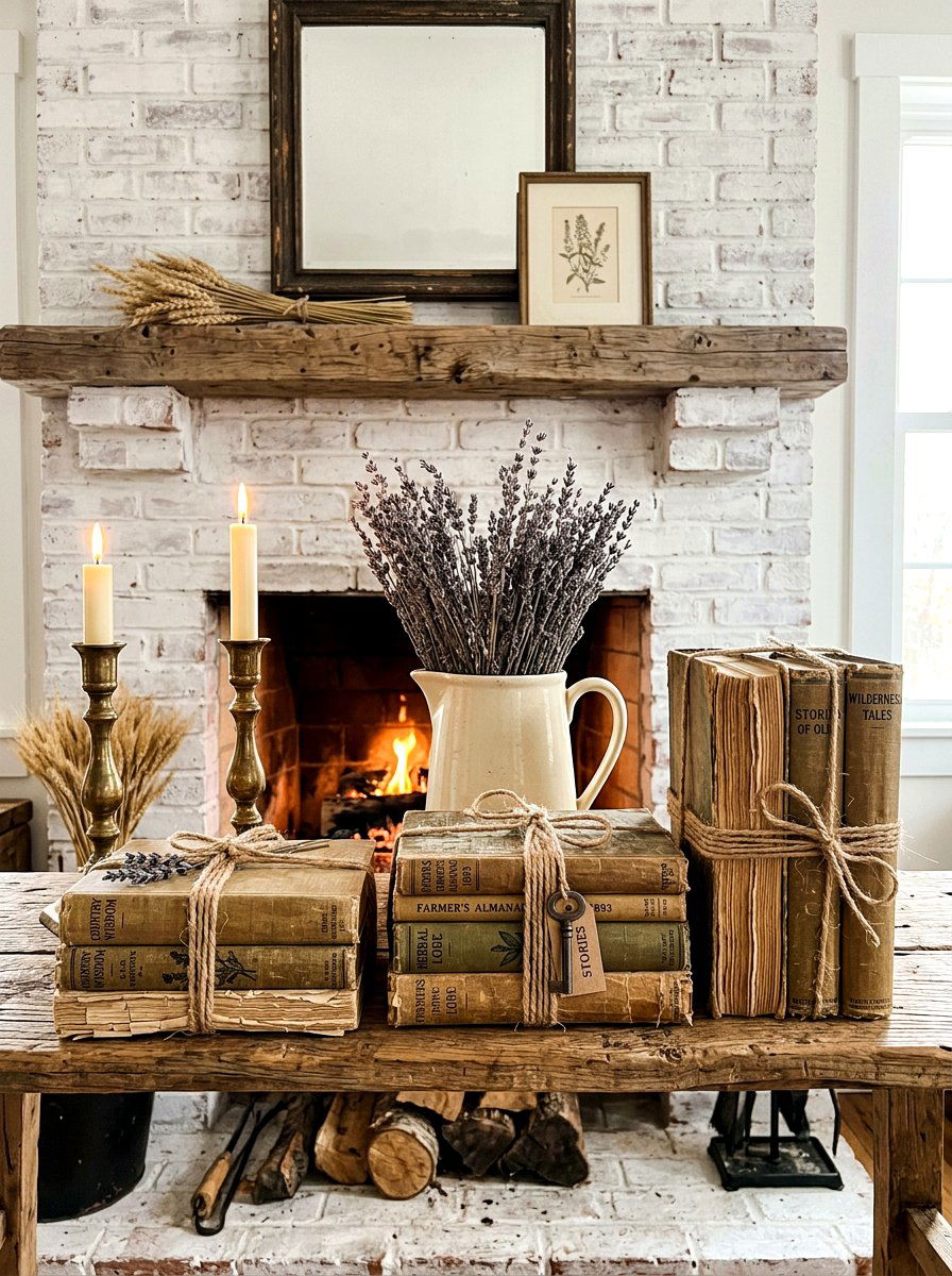 Rustic Farmhouse Mantel With Distressed Book Bundles - 30 vintage book decor ideas