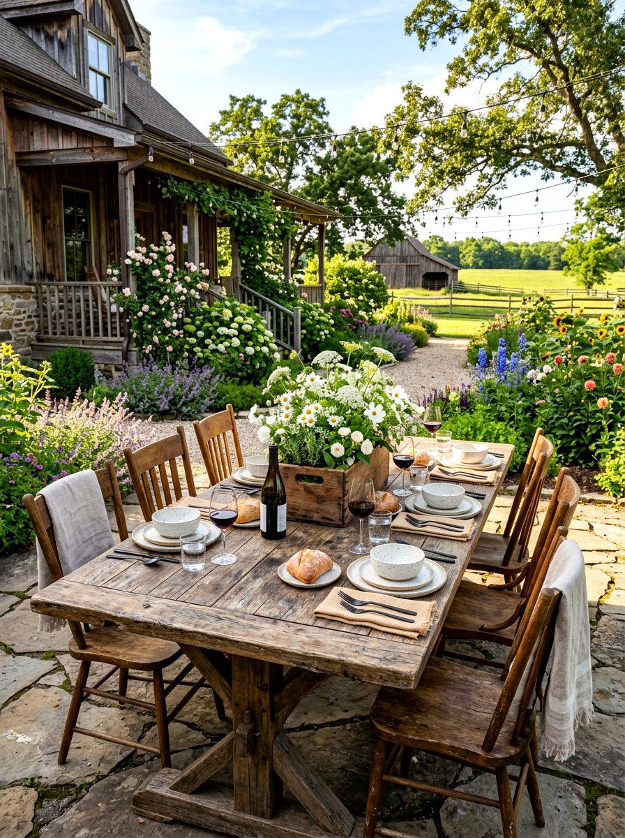 Rustic Farmhouse Outdoor Dining - 30 garden party tablescape ideas