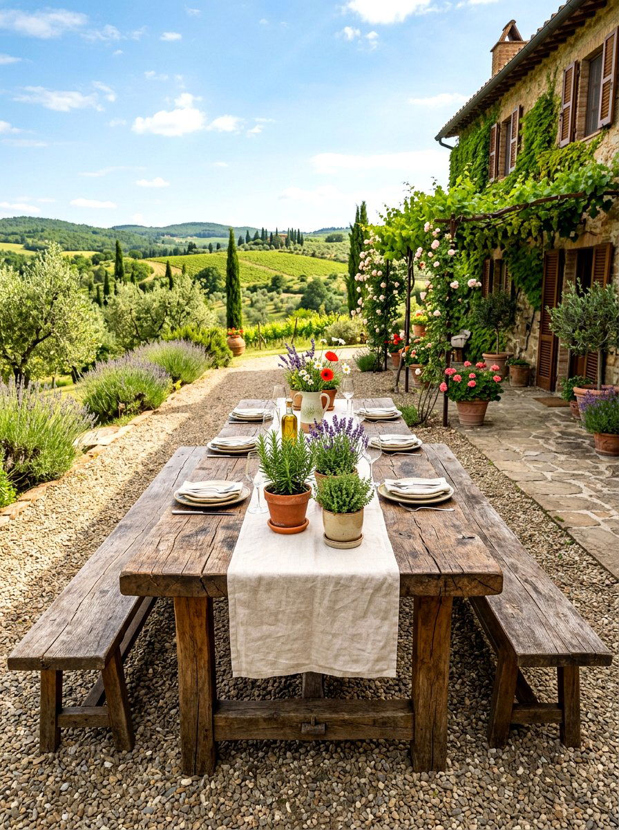 Rustic Farmhouse Outdoor Table - 30 Tuscan revival patio ideas