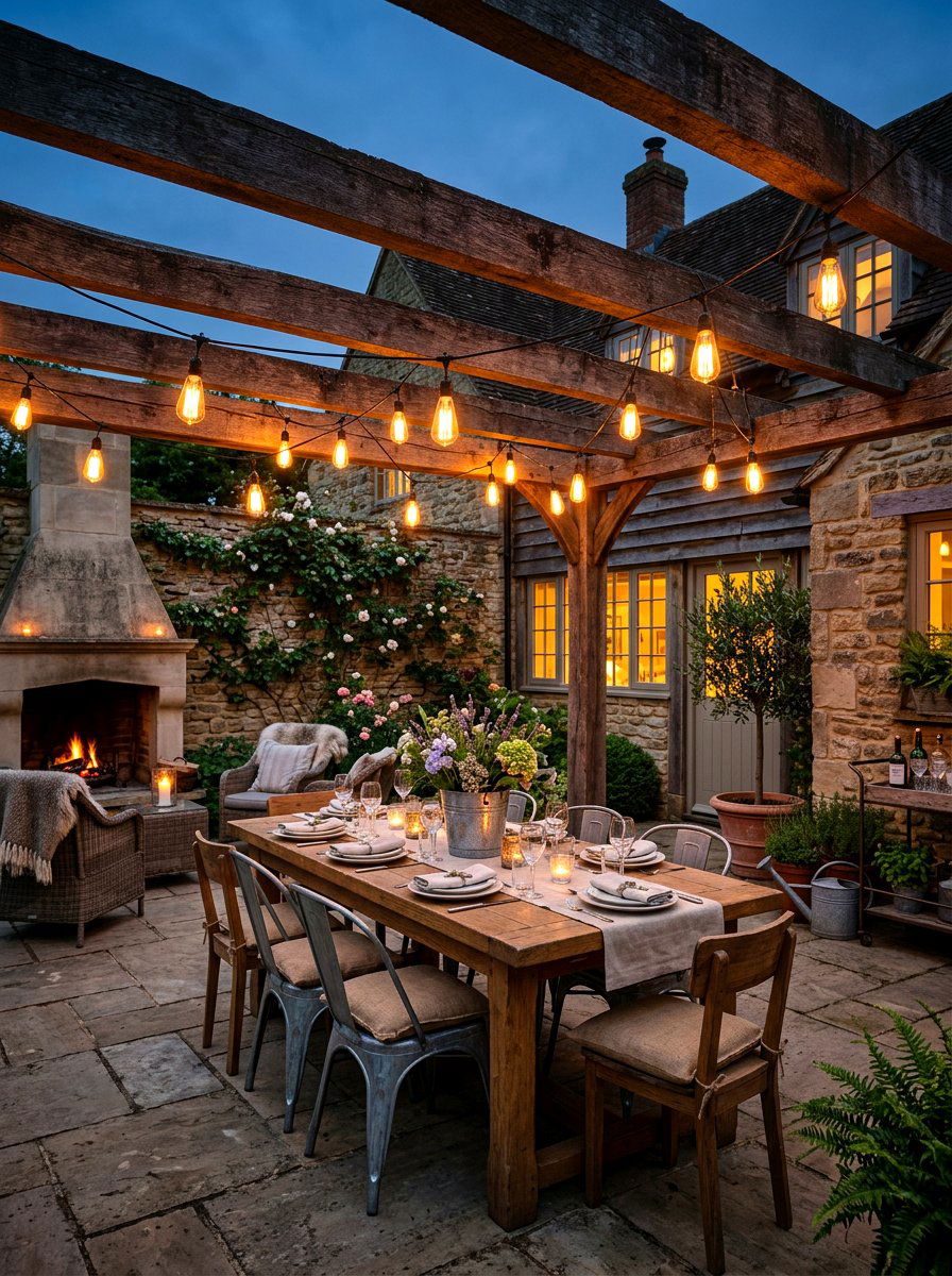 Rustic Farmhouse Patio Lights - 30 bistro lights patio ideas