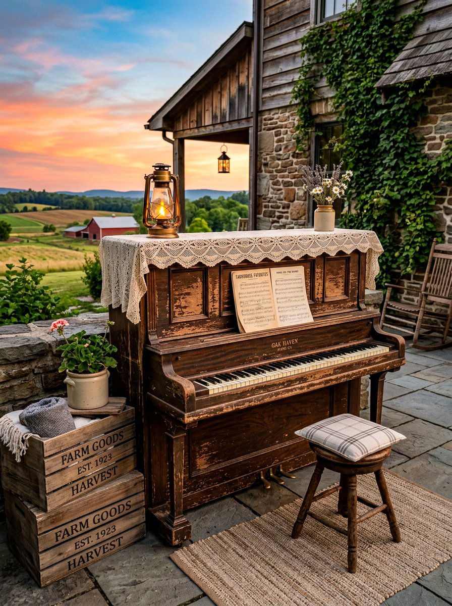 Rustic Farmhouse Piano Area - 30 piano corner ideas
