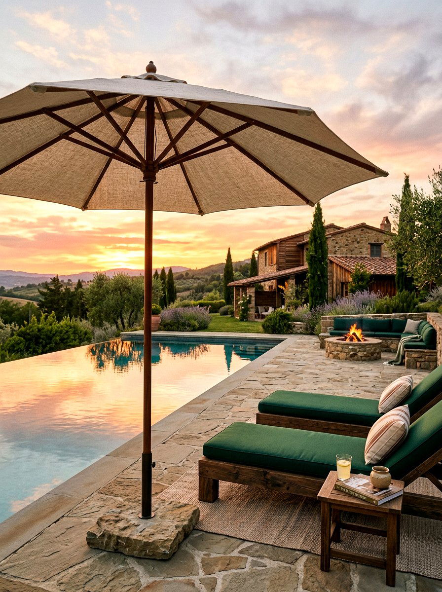 Rustic Farmhouse Pool Umbrella - 30 poolside umbrella lounge ideas