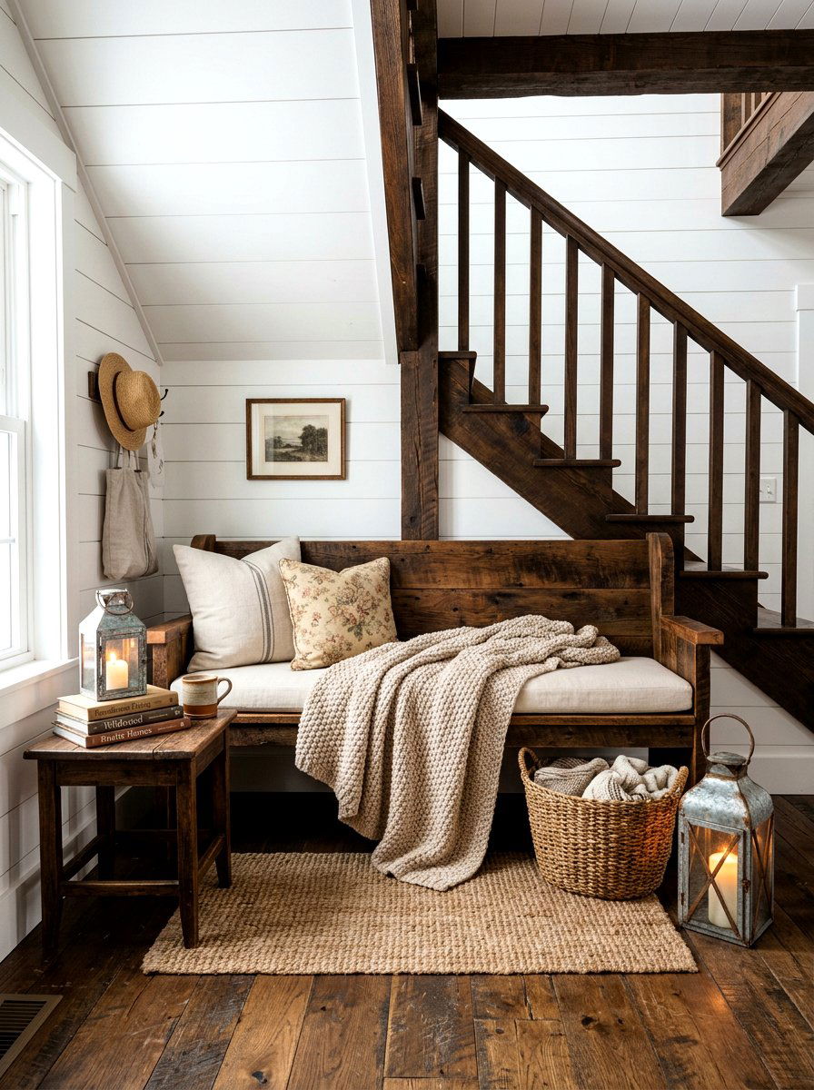 Rustic Farmhouse Reading Bench - 30 under stairs reading nook ideas