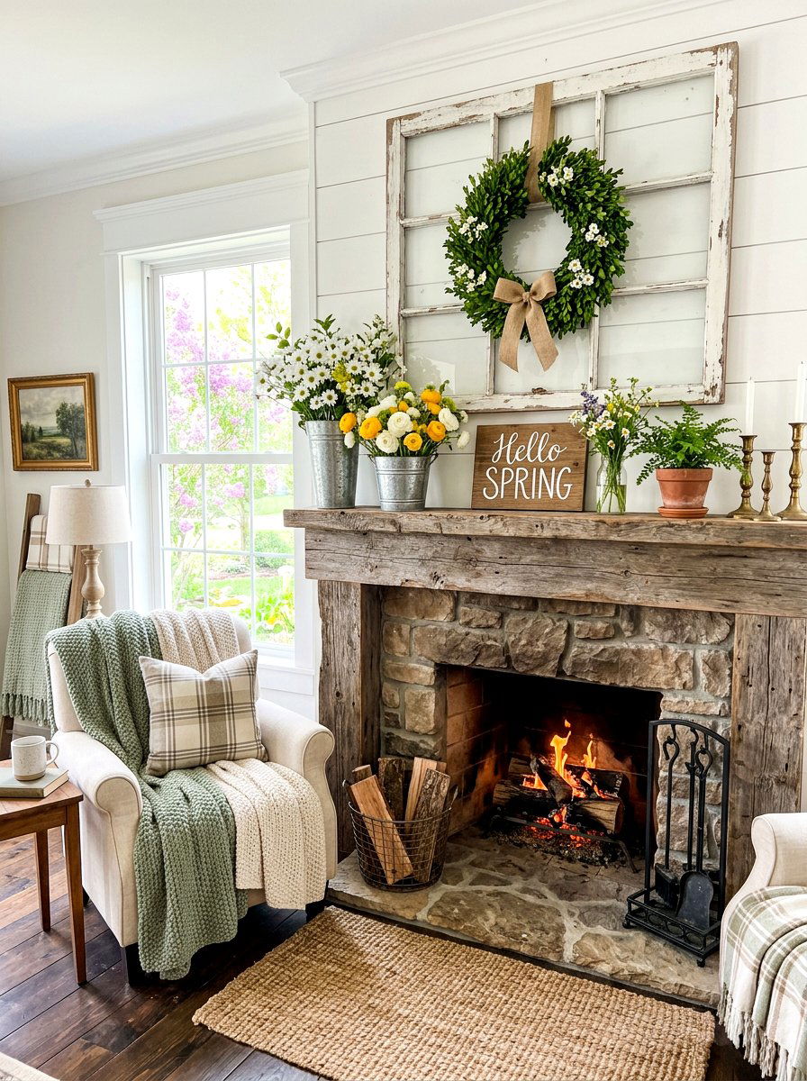 Rustic Farmhouse Spring Mantel - 30 spring mantel styling ideas
