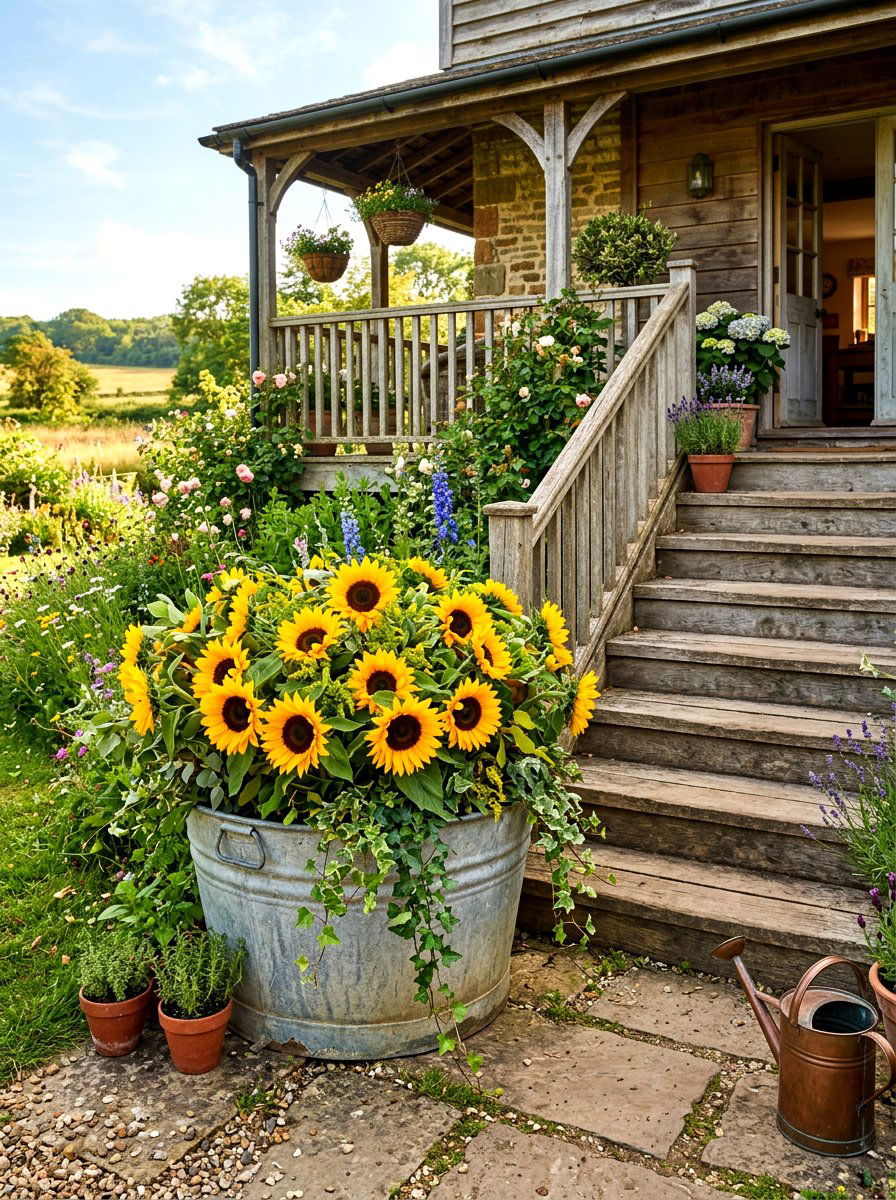 Rustic Farmhouse Step Tub - 30 porch steps flower pot ideas