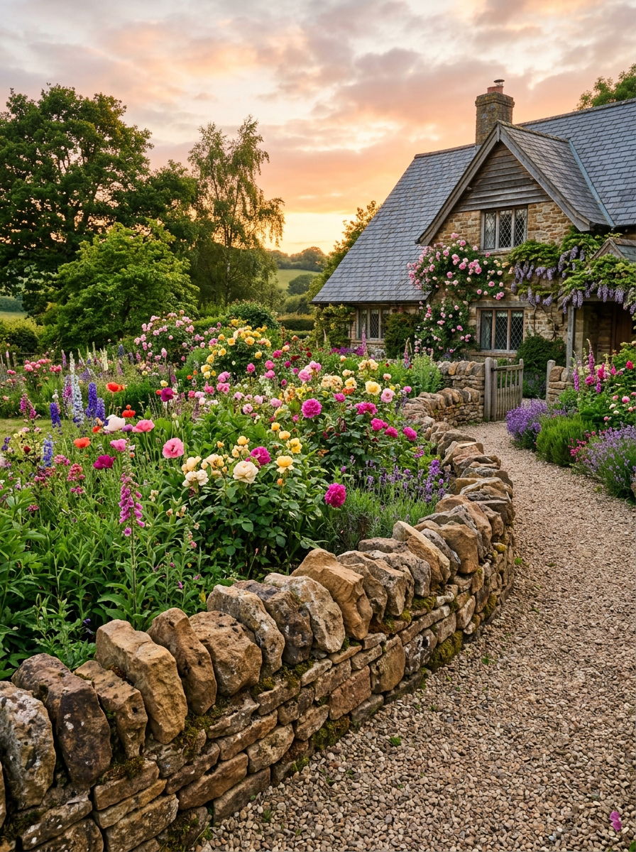 Rustic Fieldstone Border - 30 rock flower bed ideas