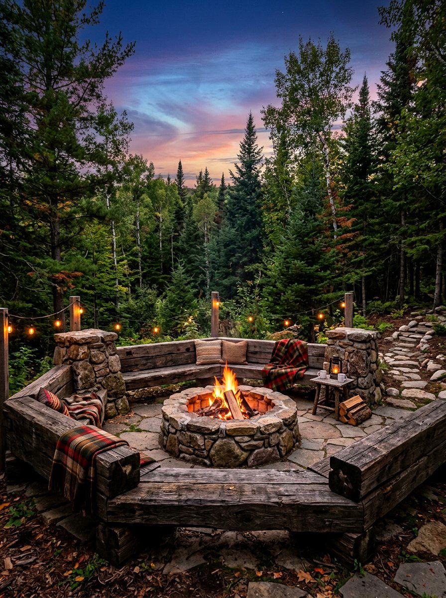 Rustic Fire Pit With Log Seating - 30 seat wall fire pit ideas