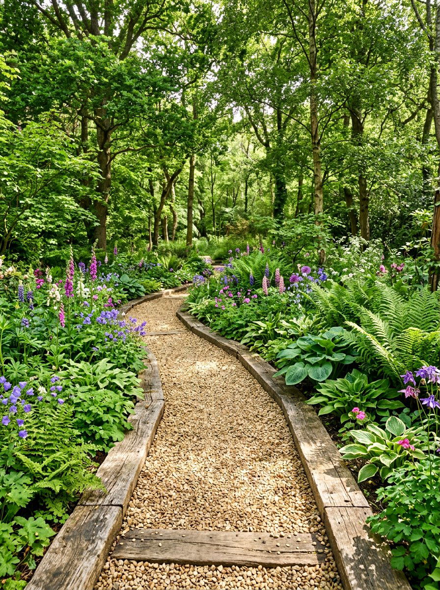 Rustic Gravel Timber Walkway - 30 front garden path ideas