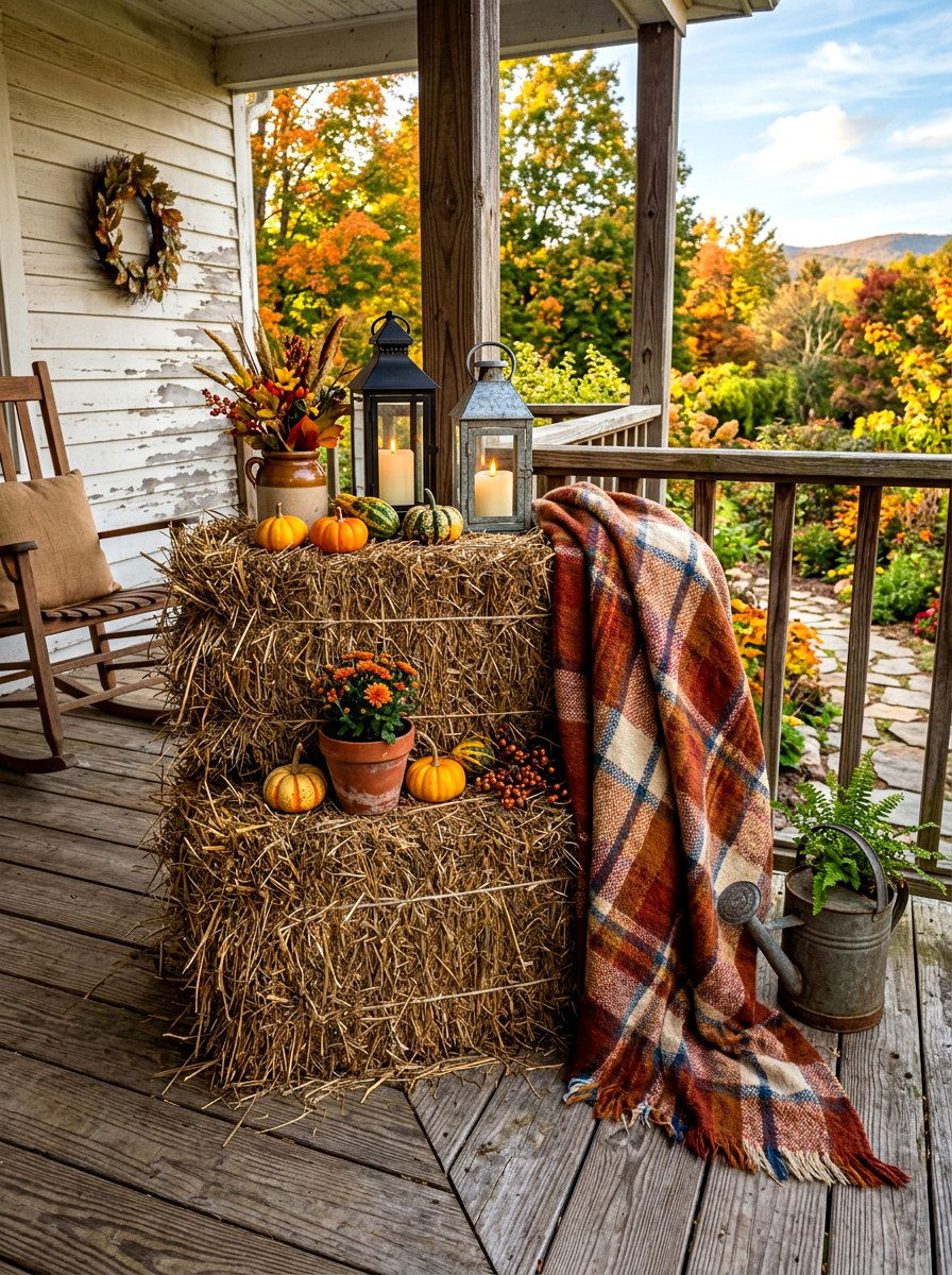 Rustic Hay Bale Porch - 30 natural autumn porch ideas