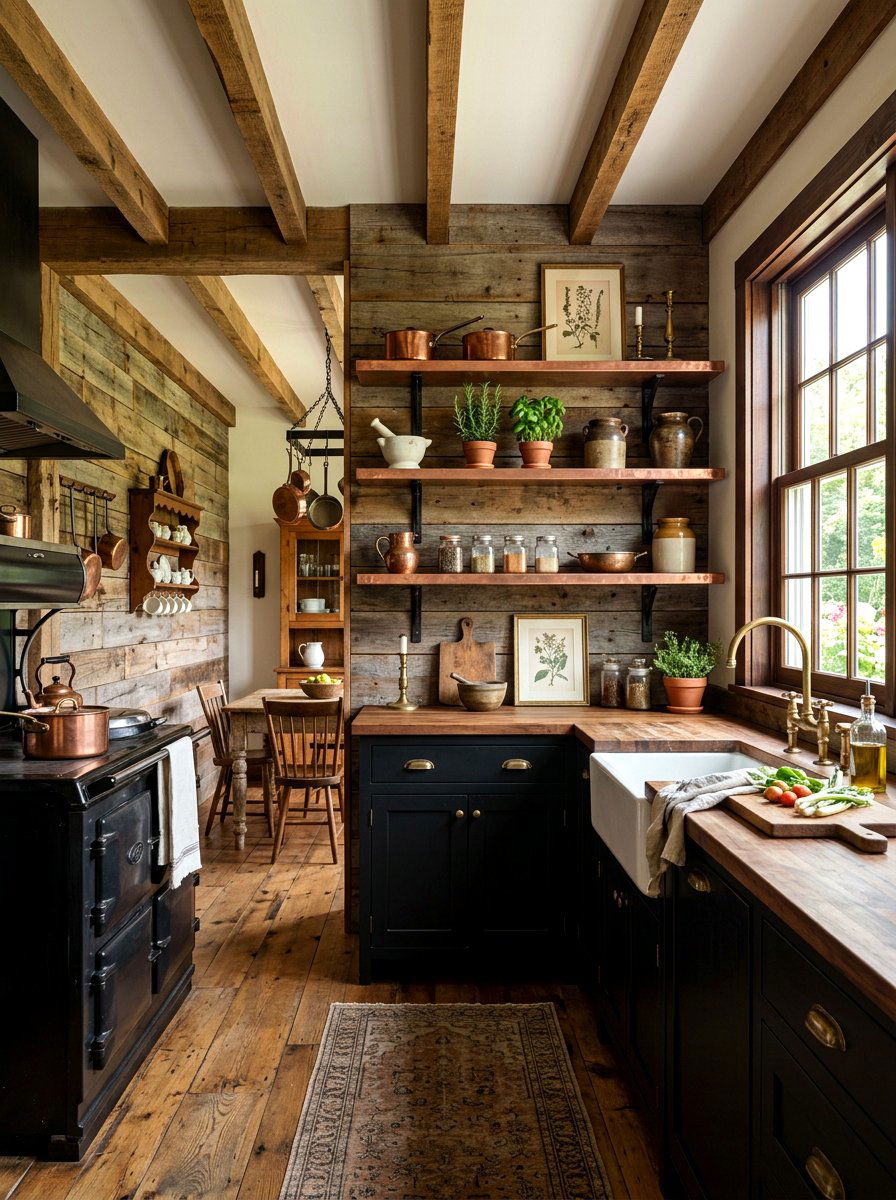 Rustic Kitchen With Copper Floating Shelves - 30 copper kitchen accent ideas