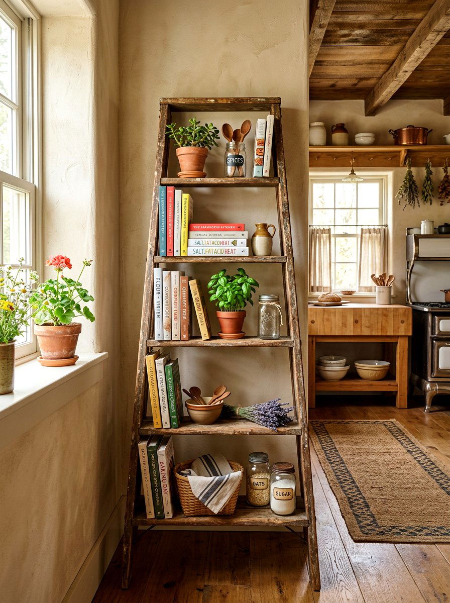 Rustic Ladder Display - 30 physical cookbook kitchen ideas