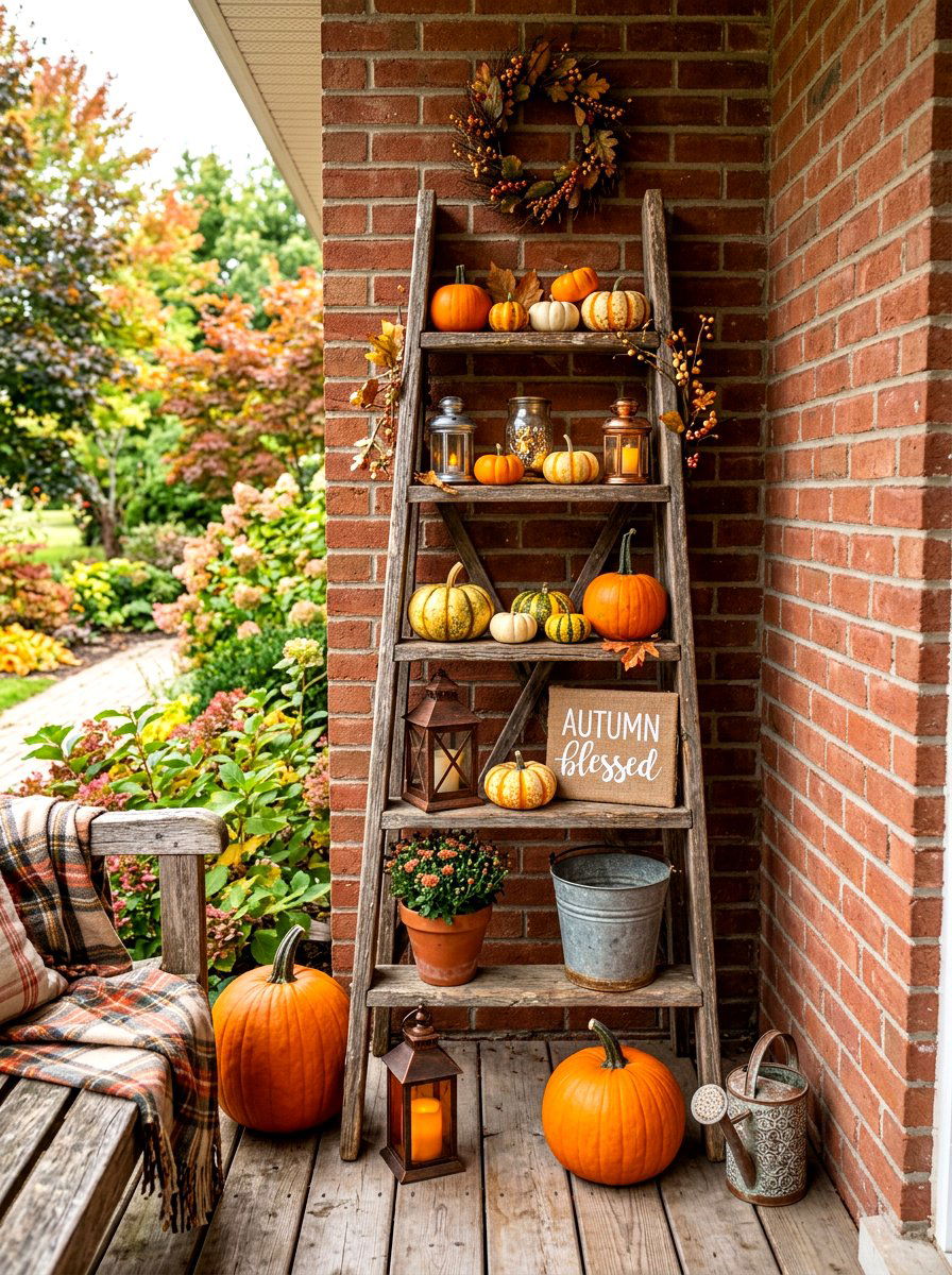 Rustic Ladder Porch Display - 30 natural autumn porch ideas