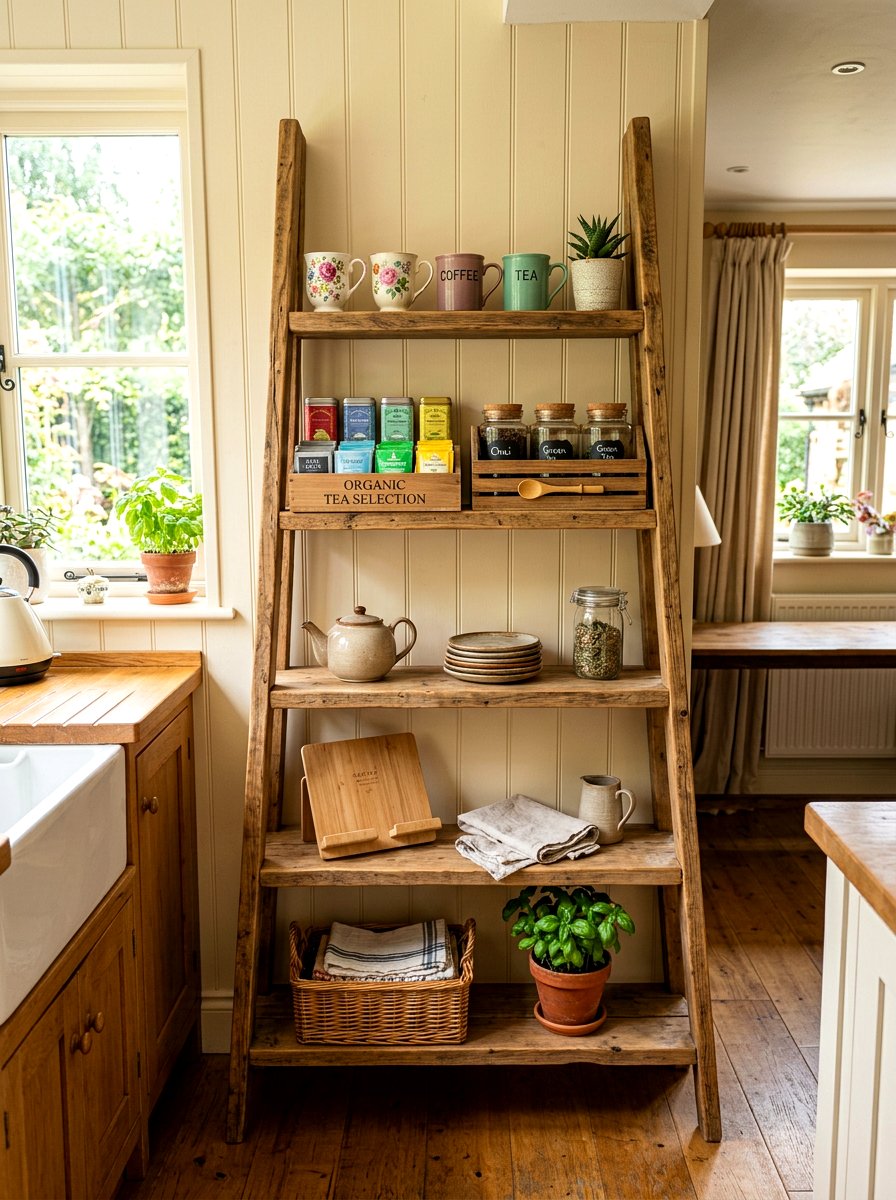 Rustic Ladder Shelf - 30 tea shelf styling ideas