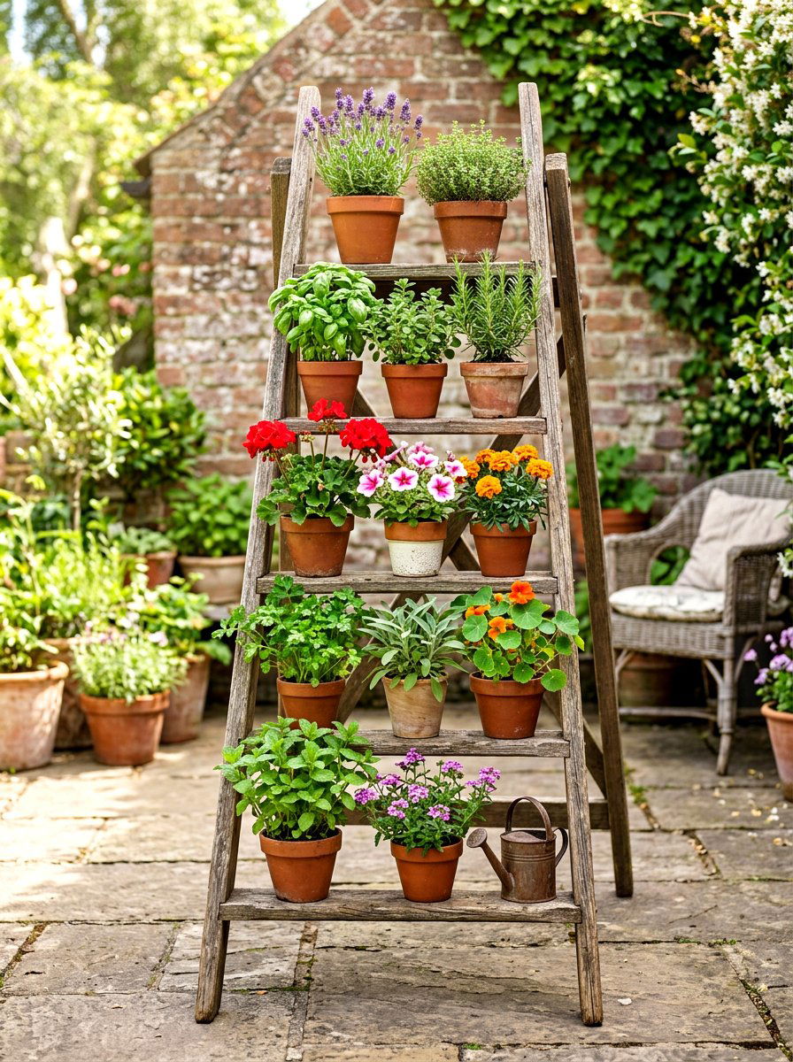 Rustic Ladder Shelf - 30 rustic planter ideas