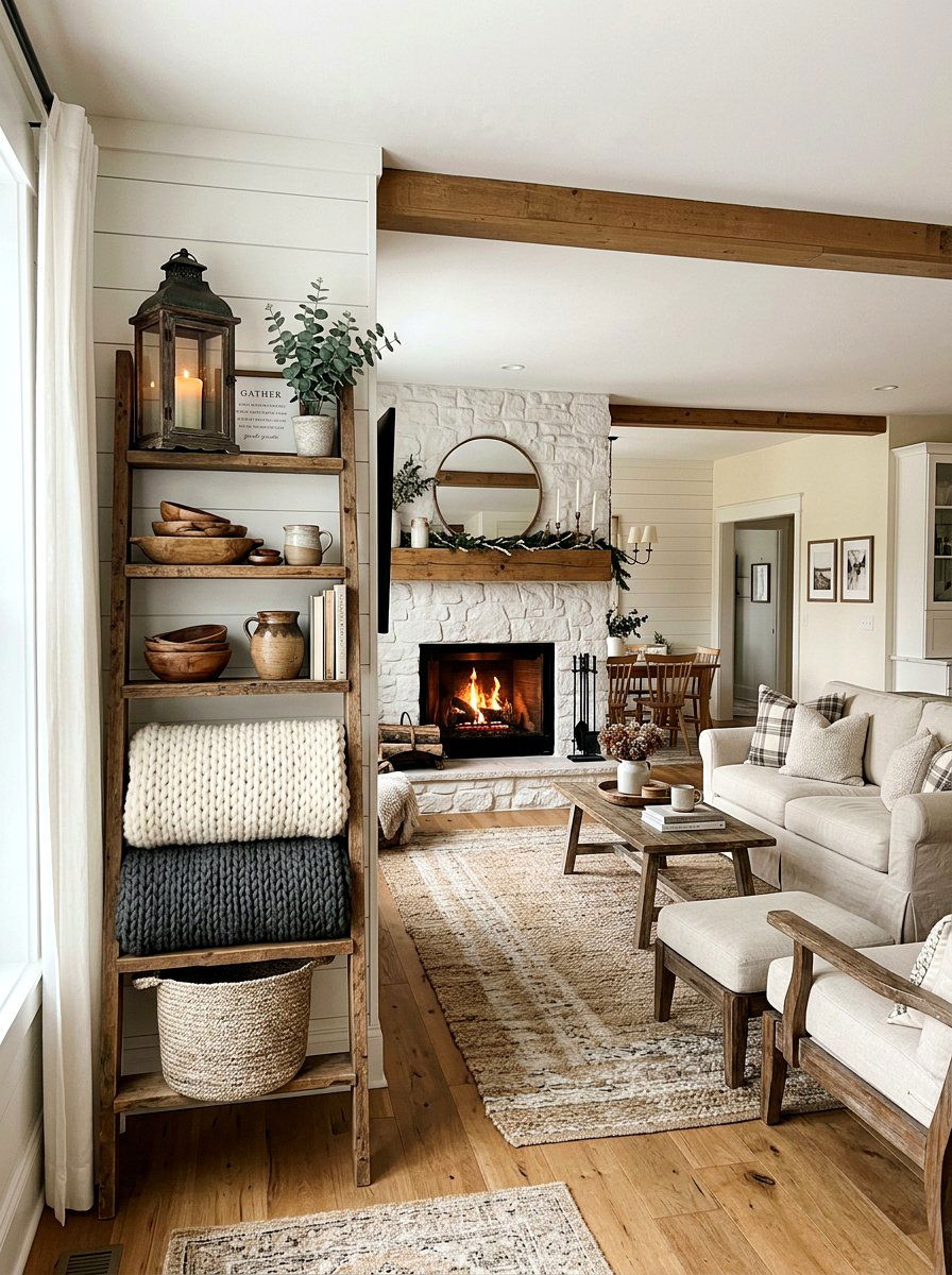 Rustic Ladder Shelves - 30 living room shelf decor ideas