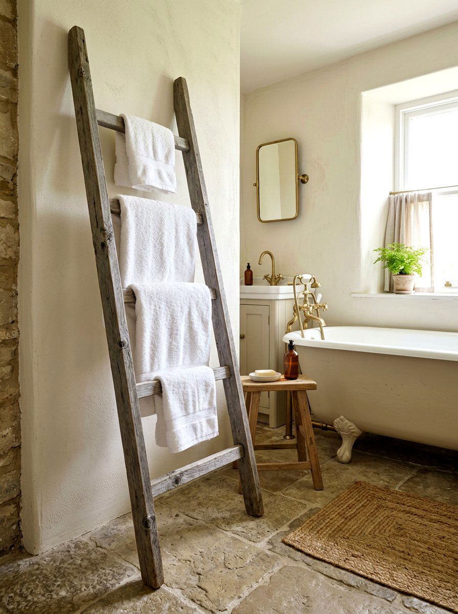 Rustic Ladder Towel Rack - 30 rustic spa bathroom ideas