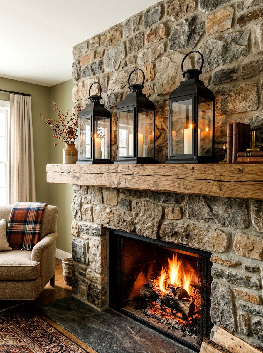 Rustic Lantern Trio - 30 vintage mantel styling ideas