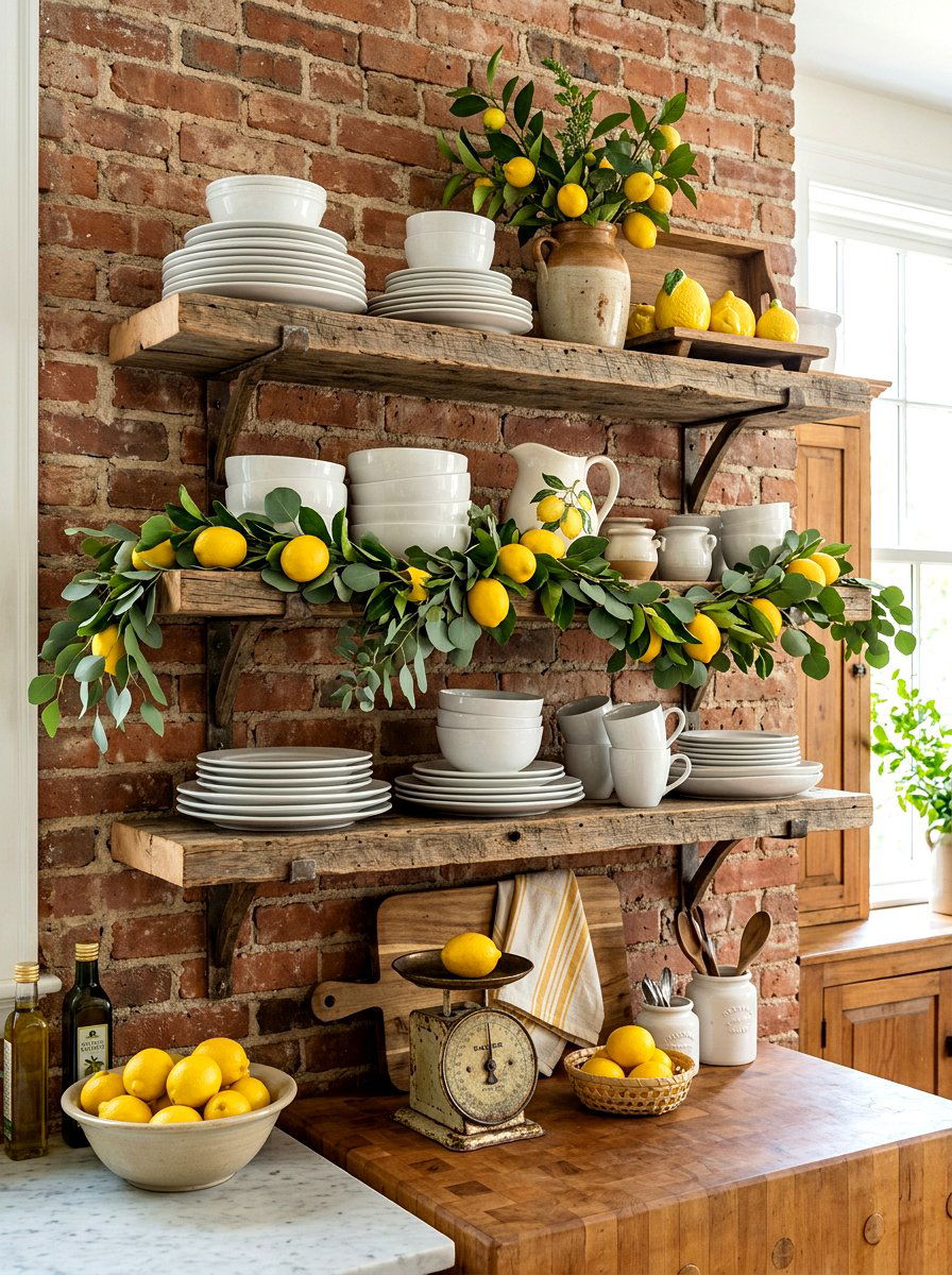 Rustic Lemon Shelf Display - 30 summer lemon kitchen ideas