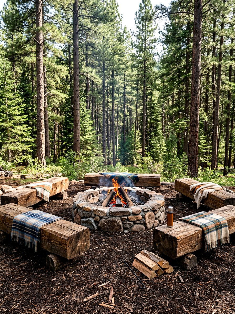 Rustic Log Bench Fire Pit - 30 fire lounge backyard ideas