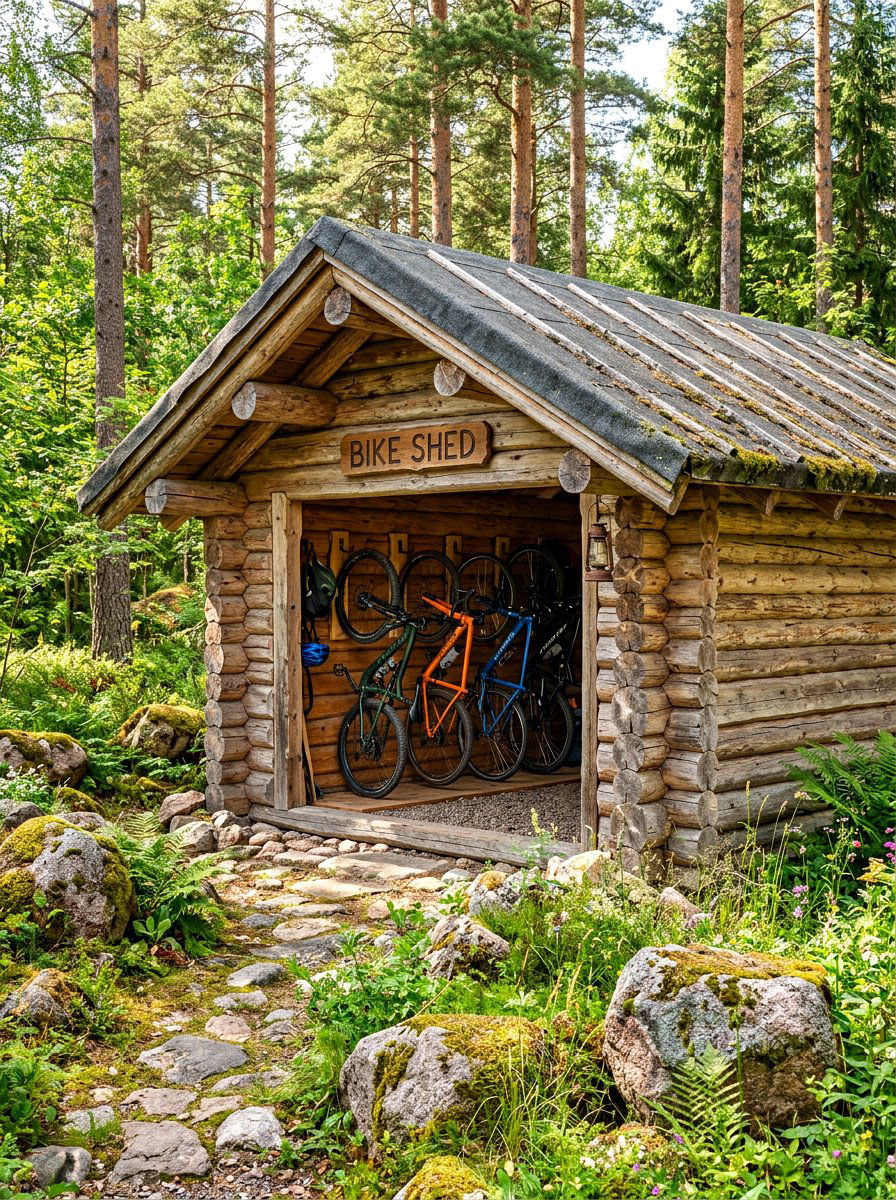 Rustic Log Bike Shed - 30 bike storage shed ideas