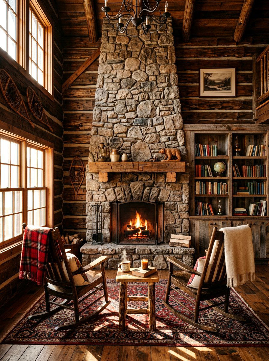Rustic Log Cabin Library Fireplace - 30 library fireplace ideas