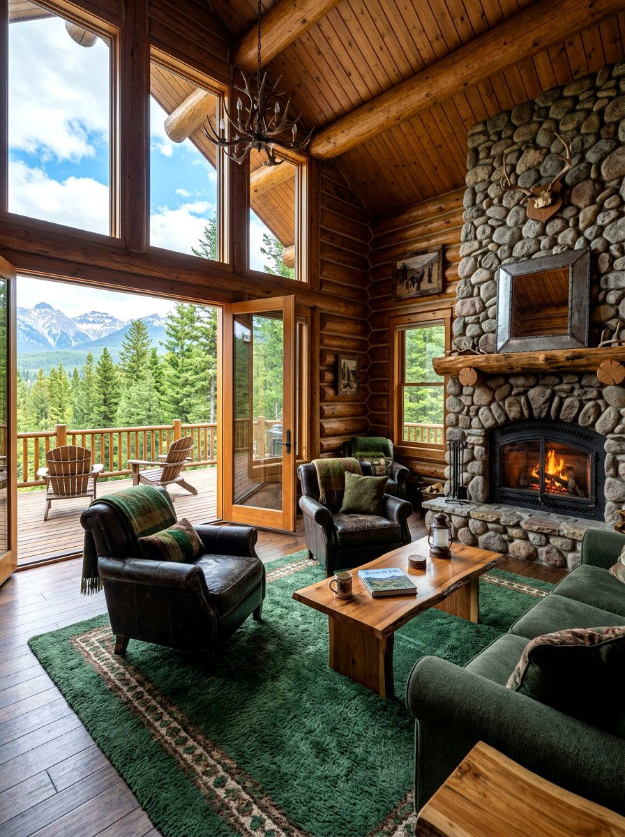 Rustic Log Cabin Living Room With Green Rugs - 30 forest green and brown living room ideas