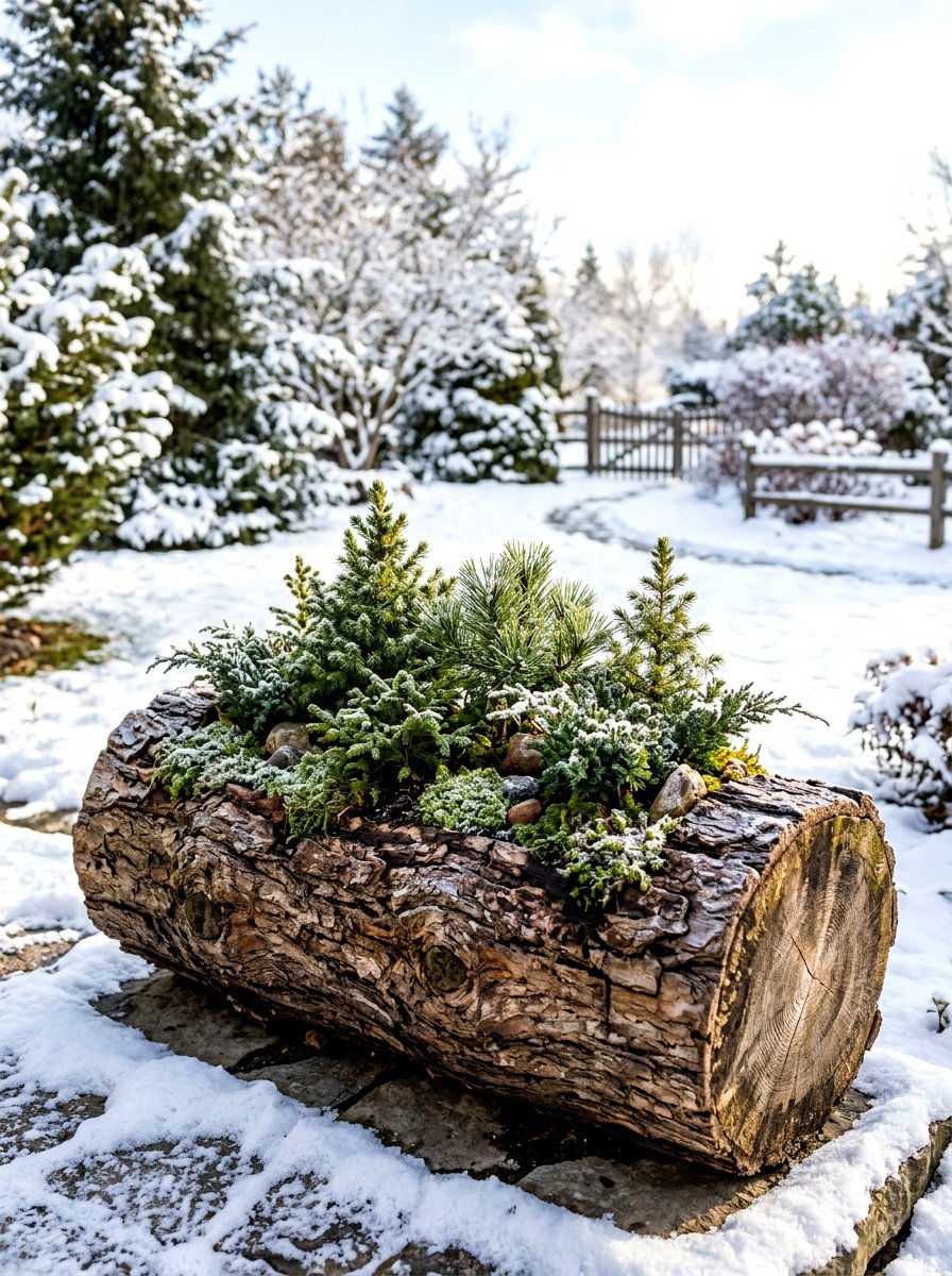 Rustic Log Container - 30 winter container garden ideas