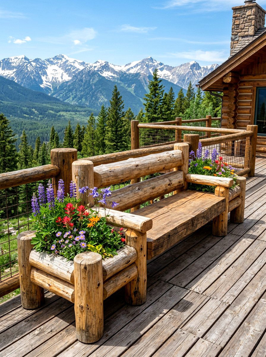 Rustic Log Deck Planter Bench - 30 deck planter bench ideas