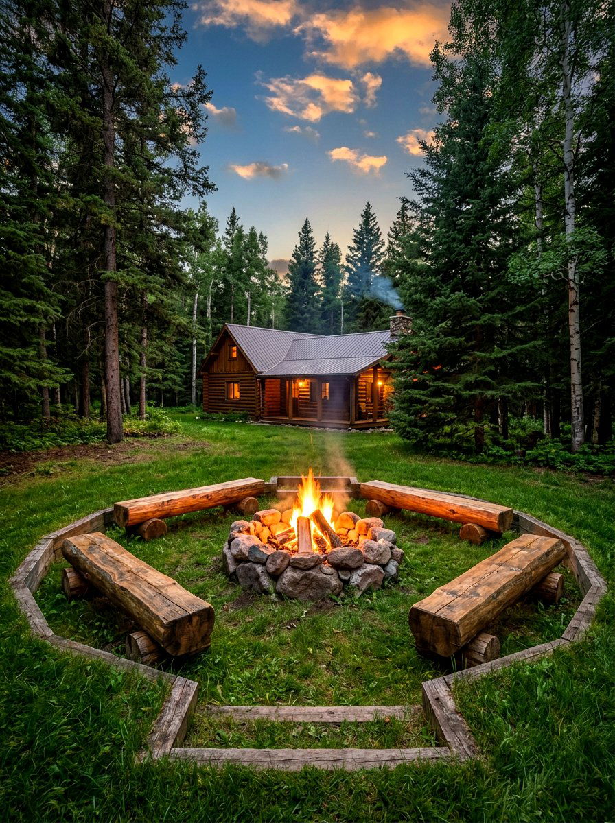 Rustic Log Fire Pit Area - 30 sunken backyard seating ideas