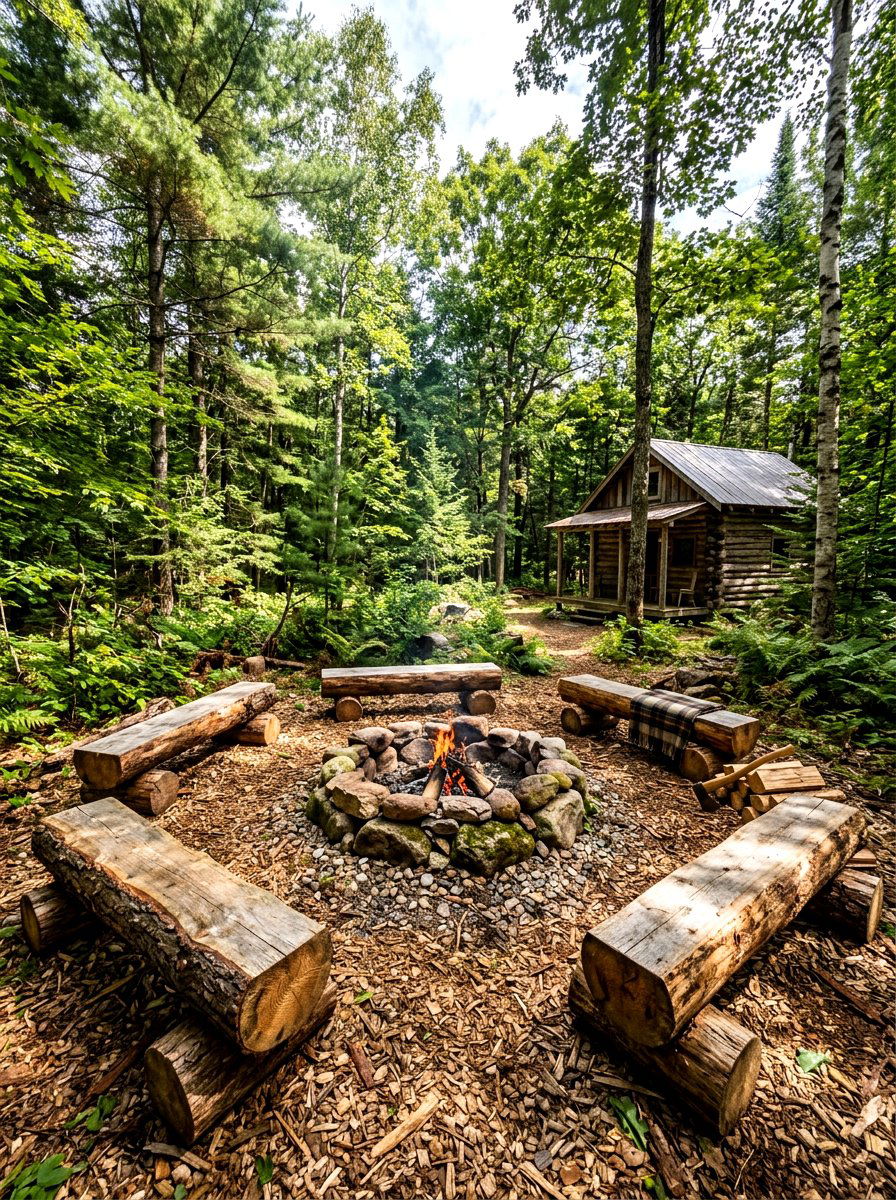 Rustic Log Fire Pit Seating - 30 backyard retreat fire pit ideas