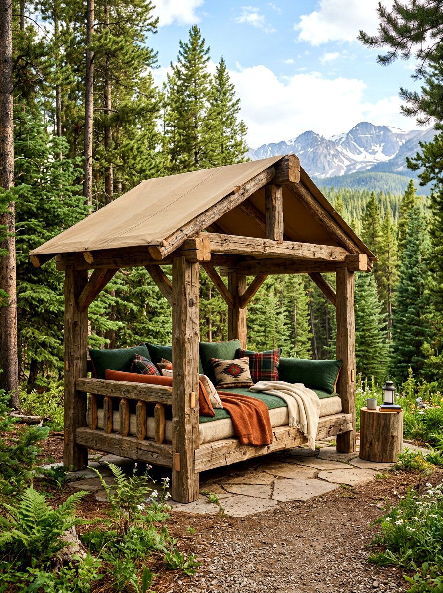 Rustic Log Frame Daybed - 30 poolside daybed cabana ideas