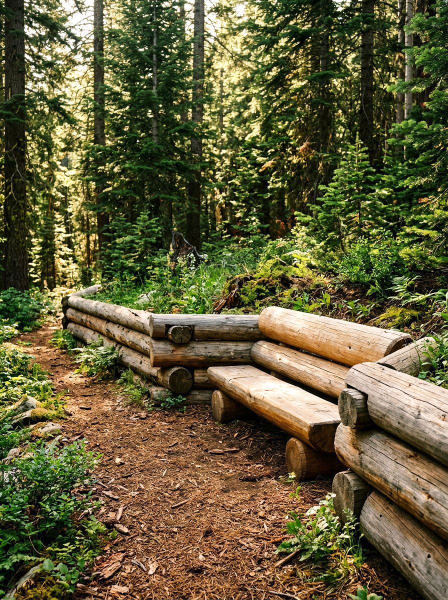 Rustic Log Garden Bench Wall - 30 seat wall ideas