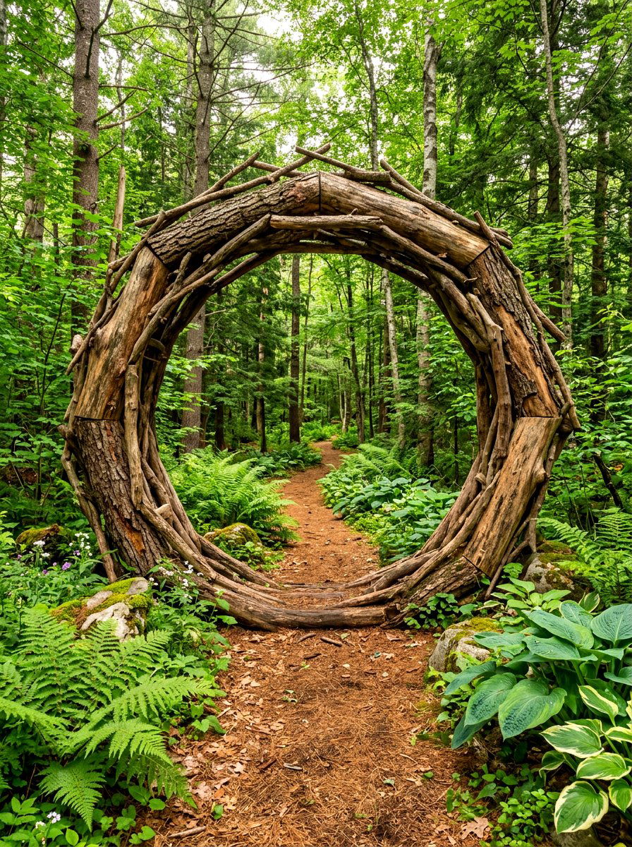 Rustic Log Moon Gate - 30 moon gate garden ideas