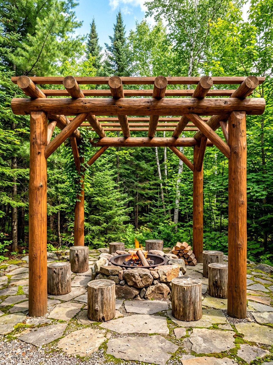 Rustic Log Pergola - 30 fire pit pergola ideas