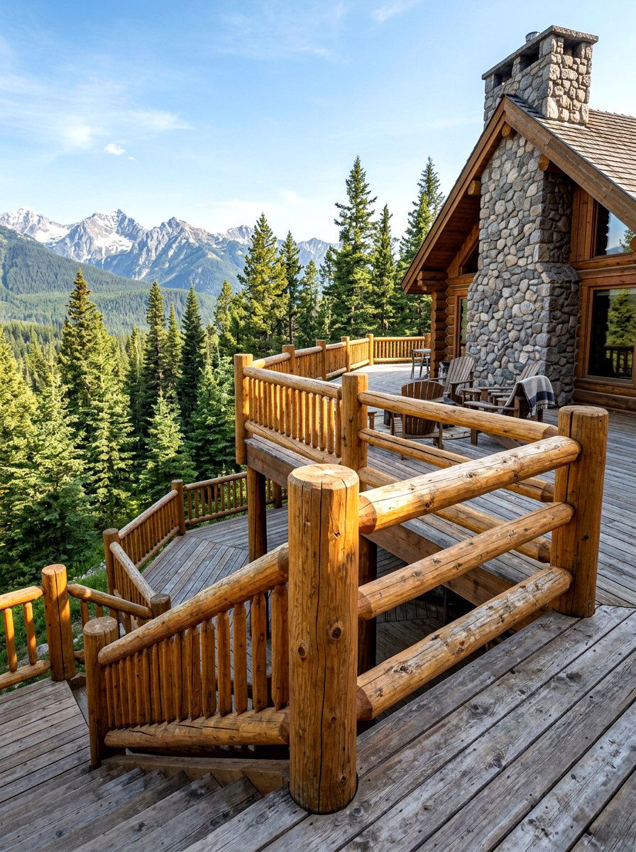 Rustic Log Railing - 30 two level deck ideas