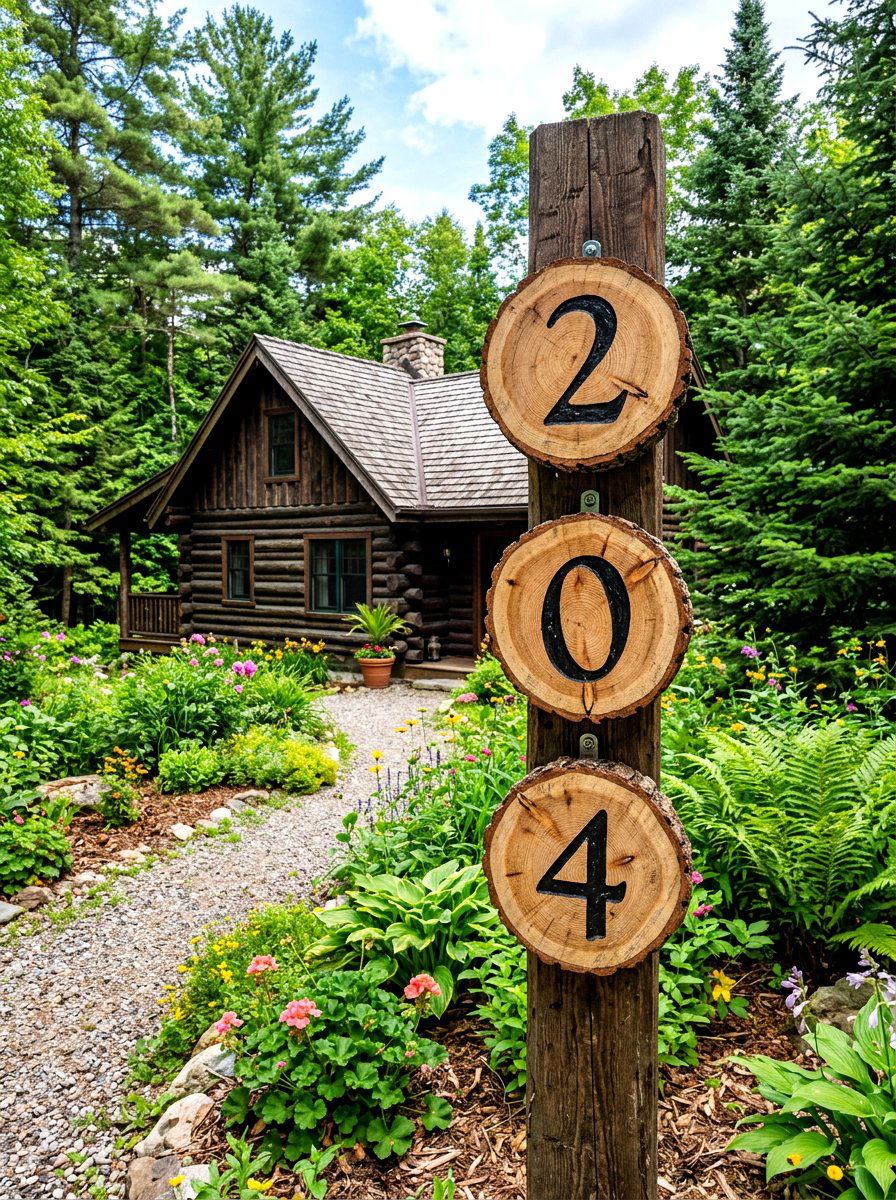 Rustic Log Slice Numbers - 30 house number display ideas